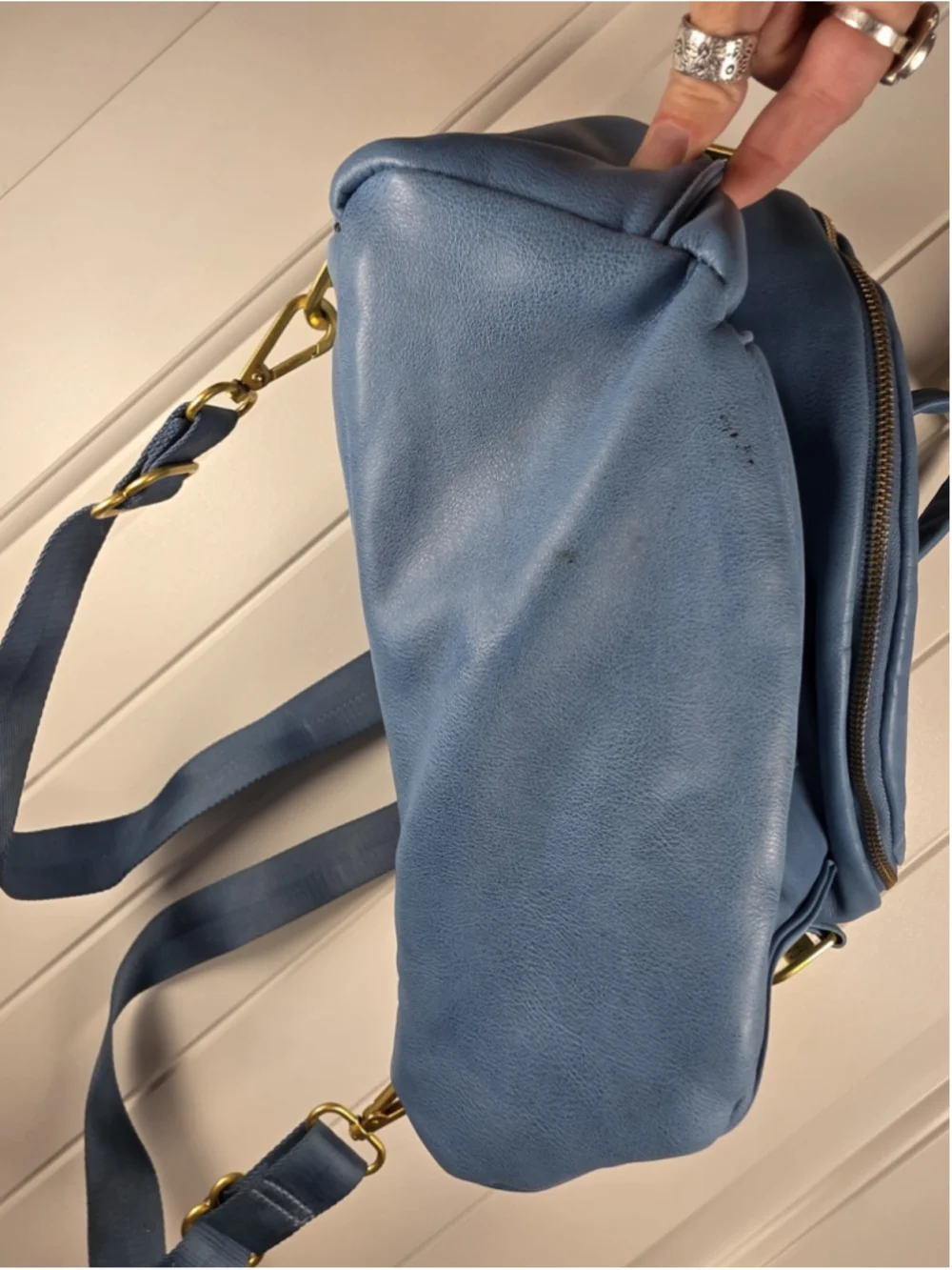 Fawn Design Original Bluebell Diaper Bag Backpack Vegan Leather Blue Gold